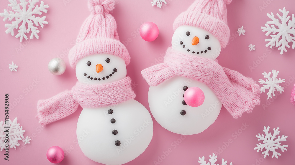 Lively snowmen dressed in pink scarves posed against a pink surface, accentuated by scattered snowflakes and round ornaments, reflecting a joyful winter spirit. Lively snowmen dressed in pink scarves posed against a pink surface, accentuated by scattered snowflakes and round ornaments, reflecting a joyful winter spirit.