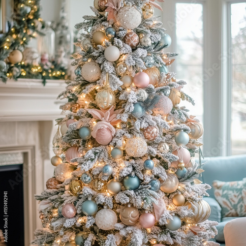 A beautifully adorned Christmas tree with pastel ornaments and snow-covered branches in a cozy, elegant living room setting, emanating holiday warmth and cheer.