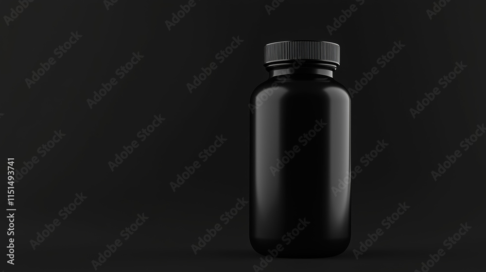 Elegant black supplement bottle on dark background, studio shot for professional mockup. Elegant black supplement bottle on dark background, studio shot for professional mockup.