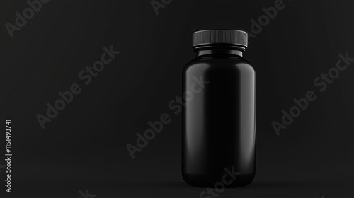 Elegant black supplement bottle on dark background, studio shot for professional mockup.