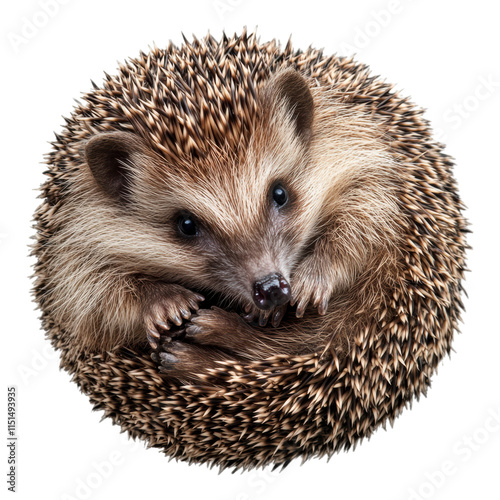 Hedgehog curled in a protective ball, small mammal, adorable creature, transparent background, ideal for illustrations and designs photo