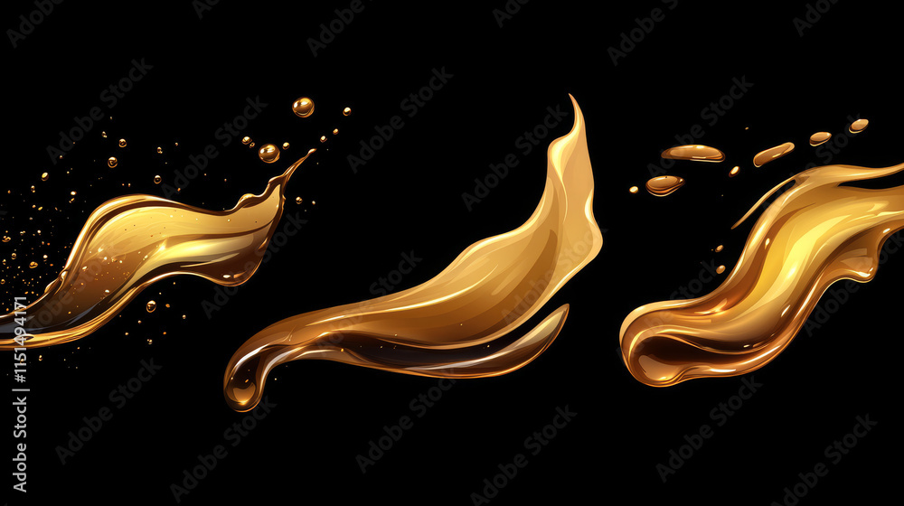 Oil waves. Realistic golden liquid surface of oil petrol flow drops and splashes fuel vector collection. Olive oil and fuel golden color flow illustration Oil waves. Realistic golden liquid surface of oil petrol flow drops and splashes fuel vector collection. Olive oil and fuel golden color flow illustration