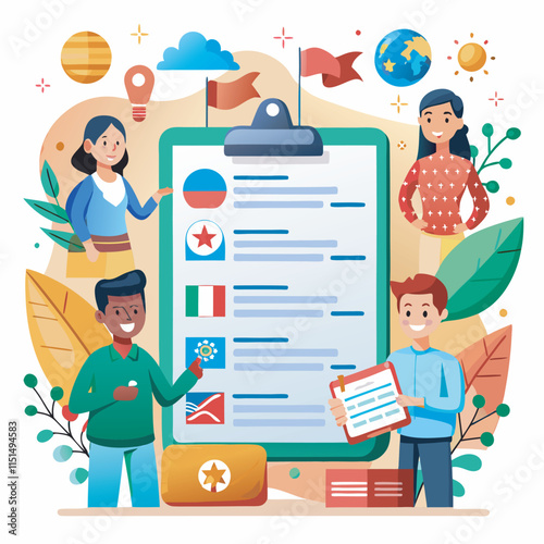 An engaging artwork representing a multilingual customer survey, showcasing inclusivity and ease of access for diverse audiences worldwide. It emphasizes global communication and cultural connection.