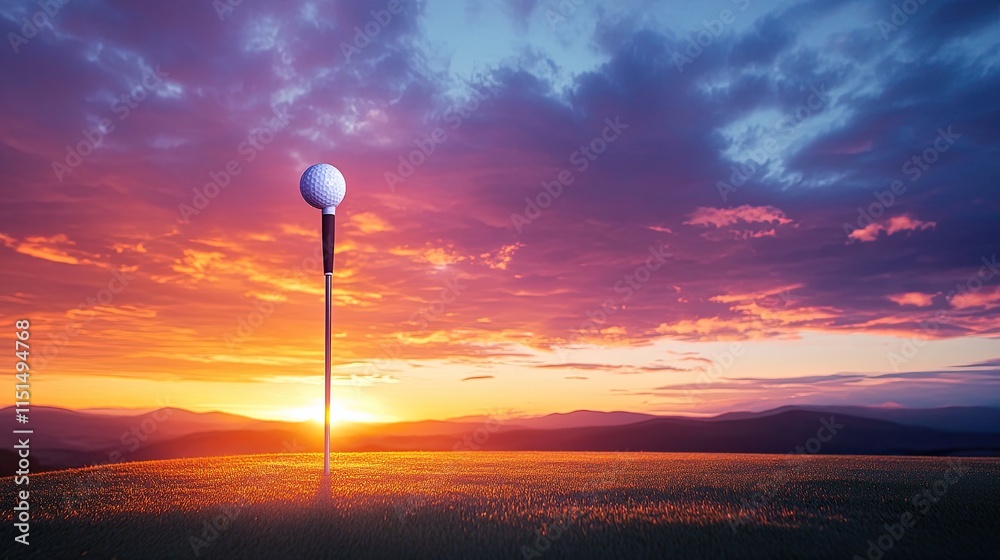 Fototapeta premium Golf ball on tee at sunset, mountain backdrop.