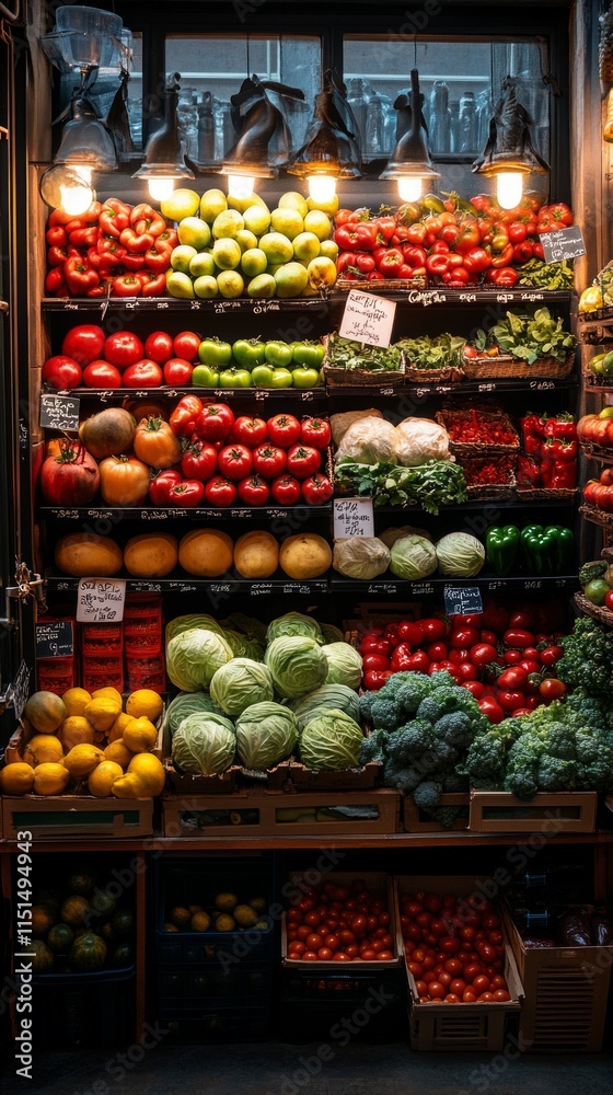 A bustling market stall features an array of fresh produce including tomatoes, apples, cabbages, and citrus fruits, inviting shoppers to explore healthy options A bustling market stall features an array of fresh produce including tomatoes, apples, cabbages, and citrus fruits, inviting shoppers to explore healthy options