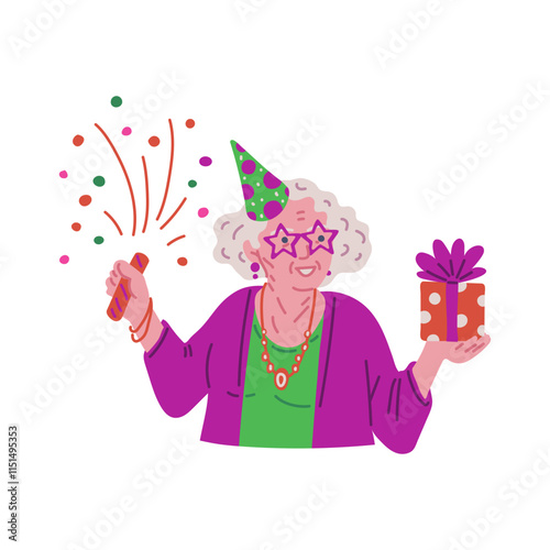 Joyful old lady in festive decorations with firecracker and gift box, vector cartoon grandmother celebrate birthday