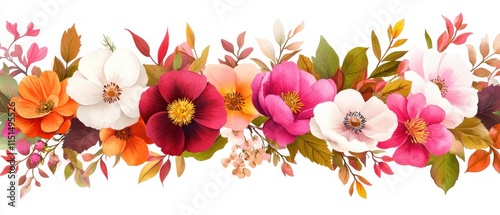 A captivating floral design featuring bright colors, diverse flower types, and lush foliage. photo