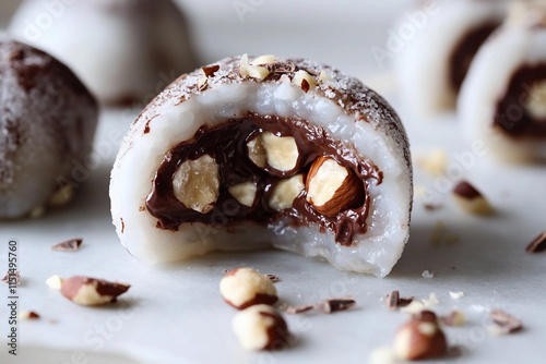 A macro shot of chocolate and hazelnut filled mochi, gooey filling spilling out, rich and indulgent.. photo