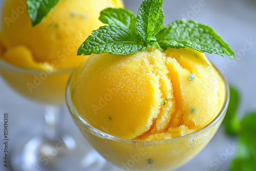 A macro shot of tropical mango sorbet ice cream garnished with fresh mint leaves, refreshing and detailed photo