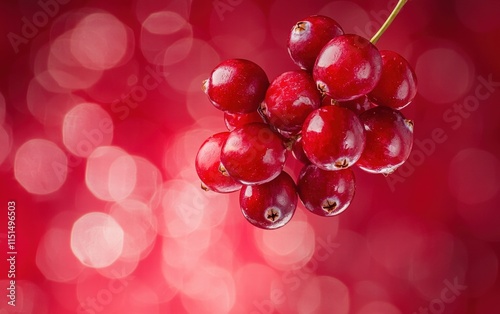 A vibrant cranberry cluster floating mid-air, with soft motion blur, on a rich red background photo