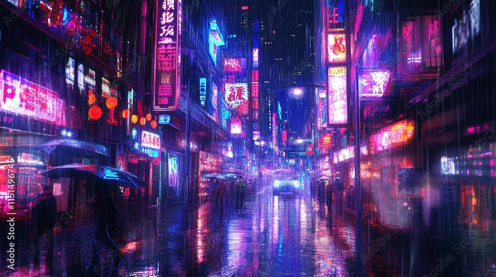 Fototapeta premium A futuristic street with neon-lit storefronts, holographic advertisements, and rain-soaked streets.
