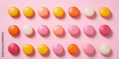 Colorful macarons arranged on pink background in rows