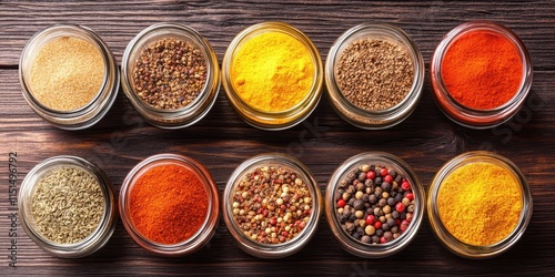 Fototapeta Naklejka Na Ścianę i Meble -  Assorted spices and seasonings in jars on wooden surface