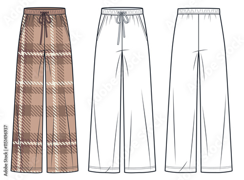 Wide leg Pants fashion flat technical drawing template, plaid design. Jogger Pants technical fashion illustration, pockets, front and back view, white,mocha, women, men, unisex CAD mockup set.