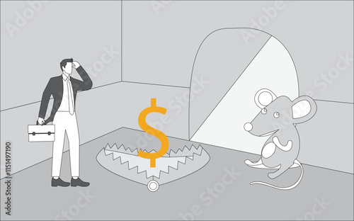 Mouse traps, snares, investment scams or traps in front of mouse holes, mouse traps placed in front of mouse holes and dollar signs