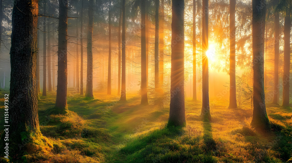 Naklejka premium Sunrise in a Misty Forest: A Peaceful Landscape