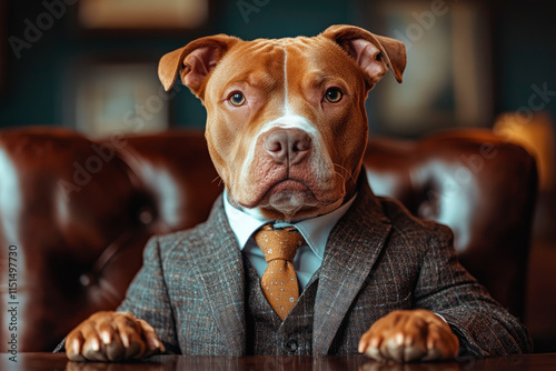 A Pitbull Terrier in an business suit, sitting on a chair in a front of office desk.