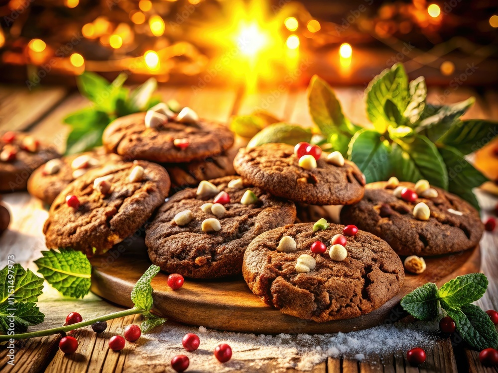 Fototapeta premium A festive landscape of peppermint chocolate chip cookies, capturing holiday baking's winter sweetness.
