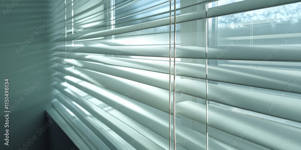 Obraz premium A detailed view of window blinds lets sunlight filter through, casting shadows. This scene serves as an inspiration for interior design ideas and concepts.