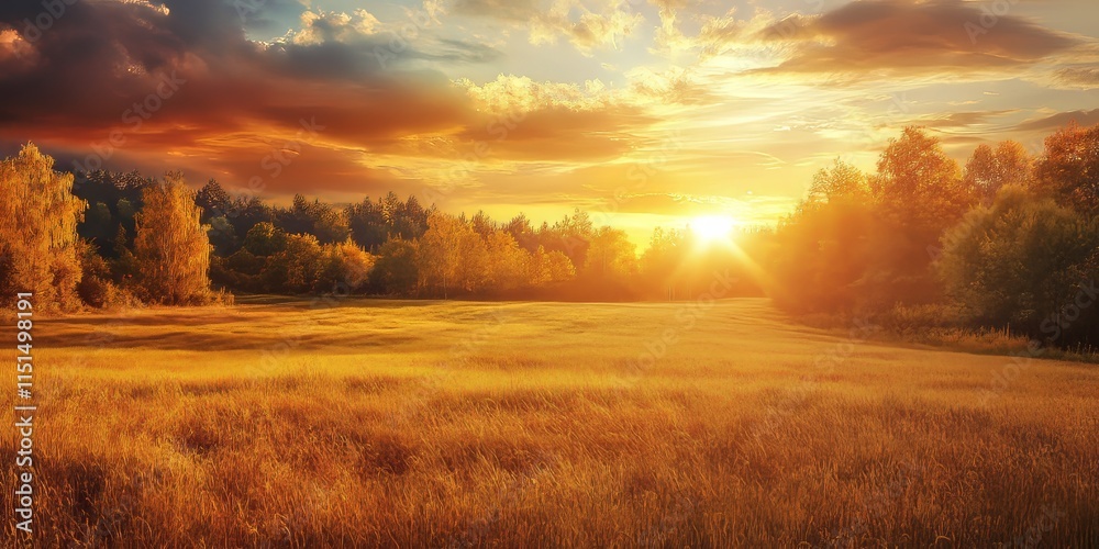 Stunning field landscape featuring a golden forest illuminated by a mesmerizing sunset, capturing the essence of beauty in nature s serene landscape at dusk.