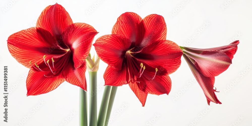 Obraz premium Stunning red amaryllis blooms elegantly displayed against a white background, highlighting the vibrant beauty of the red amaryllis in a striking yet simple composition. Ideal for floral enthusiasts.
