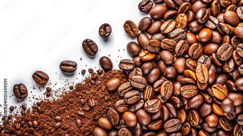 Naklejka premium Arranged alphabetically, coffee beans and powder contrast sharply against a white background, composing a rule-of-thirds image.