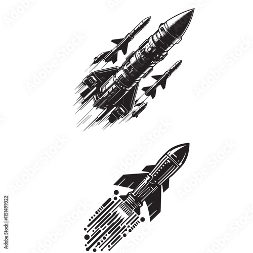 "Silhouette of Missile Rocket"
"Minimalist Silhouette of Rocket Missile"
"Black and White Silhouette of Missile Rocket Launch"