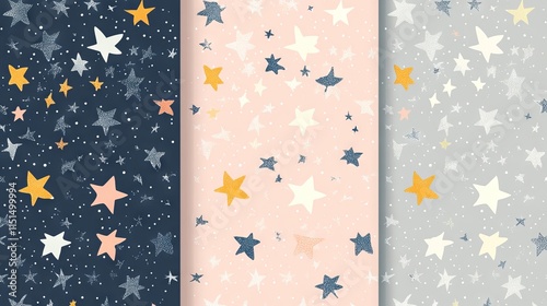 Seamless tiny stars vector pattern with infantile galaxy design in gray, blue, and pastel pink for fabrics and wrapping paper photo