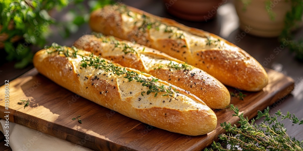 Freshly baked French baguette adorned with herbs rests gracefully on a wooden tablet, showcasing the delightful texture and warmth of the French baguette, perfect for culinary presentations. Freshly baked French baguette adorned with herbs rests gracefully on a wooden tablet, showcasing the delightful texture and warmth of the French baguette, perfect for culinary presentations.