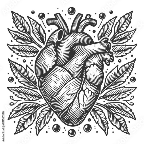 anatomical human heart with veins and arteries, featuring intricate linework sketch engraving generative ai vector illustration. Scratch board imitation. Black and white image.