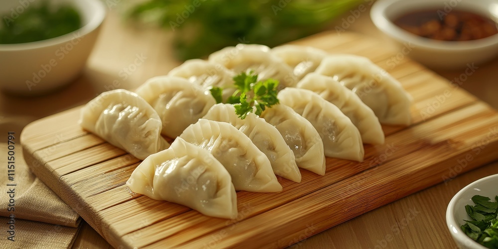 Meat dumplings displayed on a kitchen board atop a bamboo table, highlighting the delightful preparation of meat dumplings in a cozy culinary setting. Perfect for food enthusiasts. Meat dumplings displayed on a kitchen board atop a bamboo table, highlighting the delightful preparation of meat dumplings in a cozy culinary setting. Perfect for food enthusiasts.