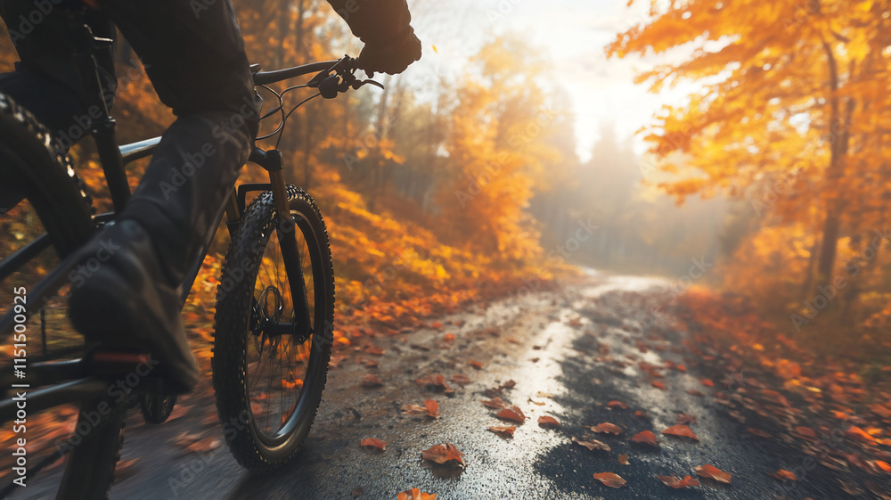Obraz premium riding a mountainbike during fall in the road during sunrise with a profile angle