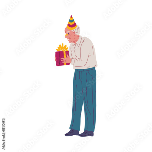 Vector illustration of a grandfather in a festive cap holding a gift box.