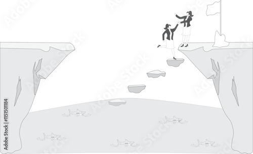 Businesswoman standing at the top of a cliff with a flag pulling his companion to the top, business or professional help and trust, cooperation and friendship