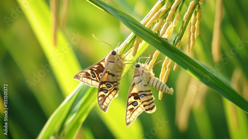 Scirpophaga moths resting on rice plant leaves, showcasing the interaction between Scirpophaga moths and their natural habitat, highlighting the significance of Scirpophaga moths in agriculture.