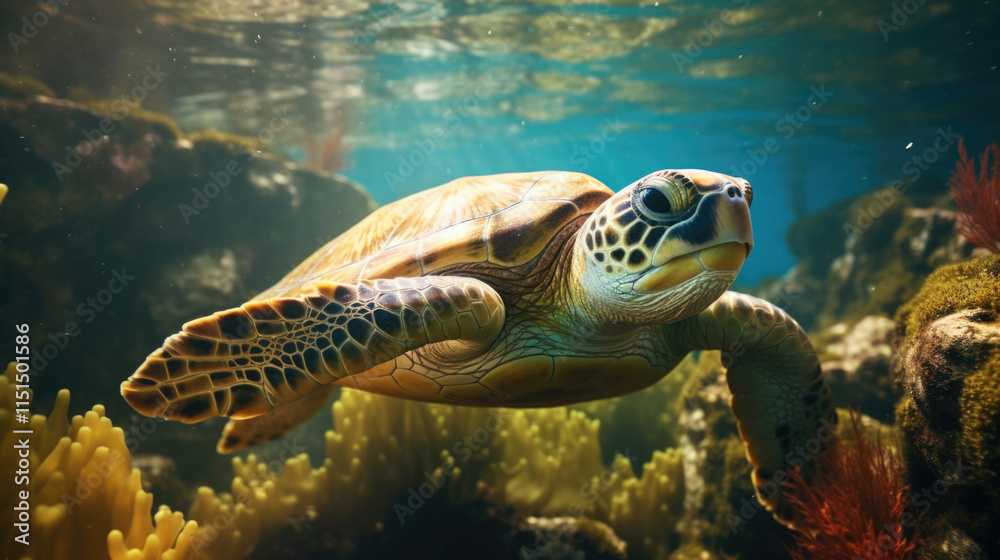 Obraz premium A majestic sea turtle is gracefully swimming through the vast ocean, close to a vibrant and colorful coral reef in its natural habitat