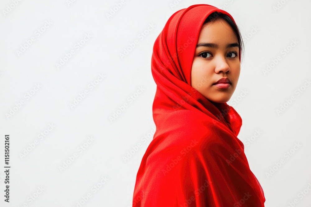 Minimalist Portrait of a Serious Girl in Red Hijab – Conceptual Photography for Print and Design Minimalist Portrait of a Serious Girl in Red Hijab – Conceptual Photography for Print and Design