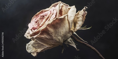 Dried rose displayed against a dark backdrop, highlighting the intricate details of the dried rose s petals and texture, creating a striking and elegant visual of the dried rose.