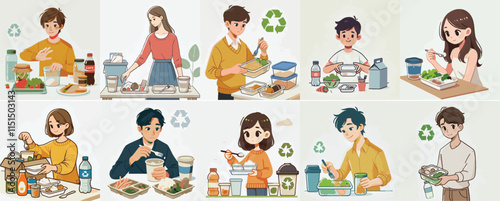 Vector set of a teenager storing leftover food in a simple flat design style