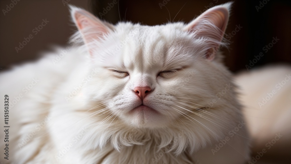 Intimate Close-Up Portrait of a Serene White Cat, Gently Staring with Calm Eyes, Capturing the Soft Details of Its Fur and Tranquil Expression Against a Subtle Background Intimate Close-Up Portrait of a Serene White Cat, Gently Staring with Calm Eyes, Capturing the Soft Details of Its Fur and Tranquil Expression Against a Subtle Background