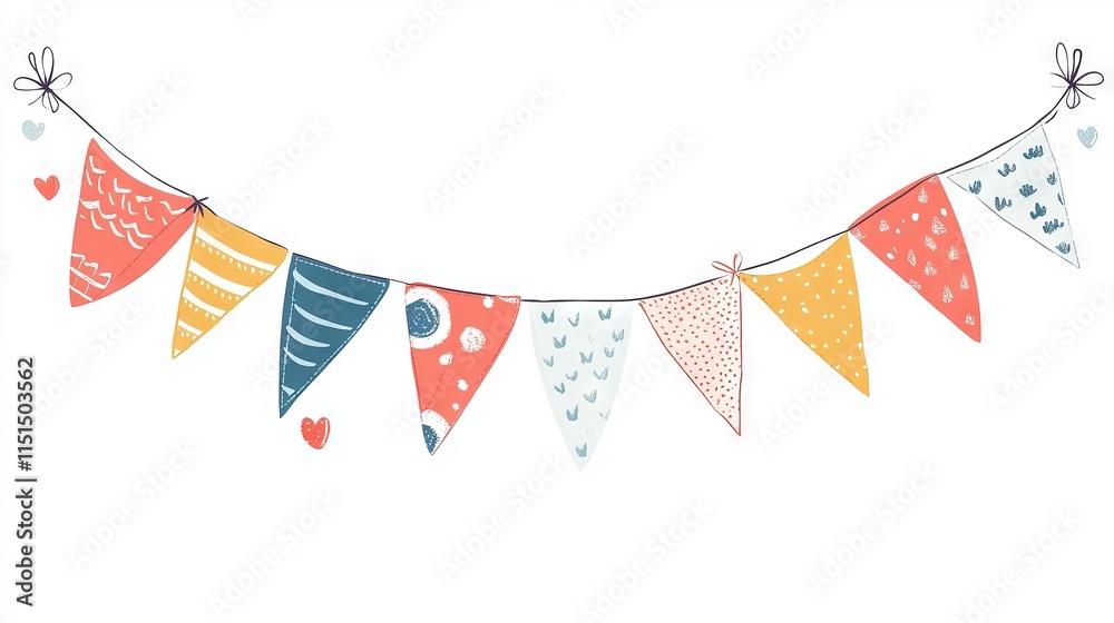 Fototapeta premium Vibrant buntings and kids garland vector illustration for children's parties and celebrations, colorful festive decoration design on white background