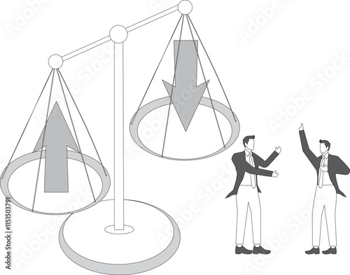 Income is balanced with expenses, investment budgets, gains are balanced with losses, equidistant traders look at upward and downward arrows on a balancing scale to maintain balance