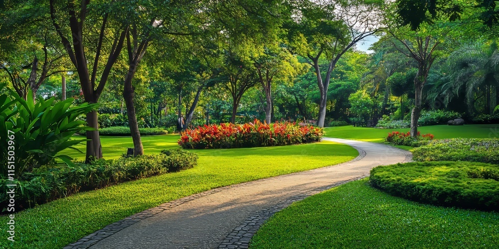 Fototapeta premium Serene scene at a park showcasing lush greenery, inviting pathways, and tranquil vibes, perfect for enjoying nature at a park. Discover the peaceful atmosphere of this picturesque park setting.