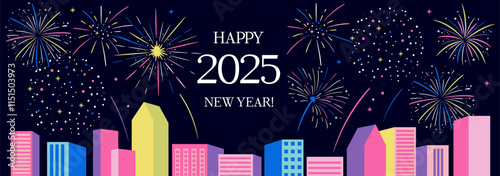 2025 Happy New Year. Colorful fireworks on the sky and city landscape background. Holiday banner template.