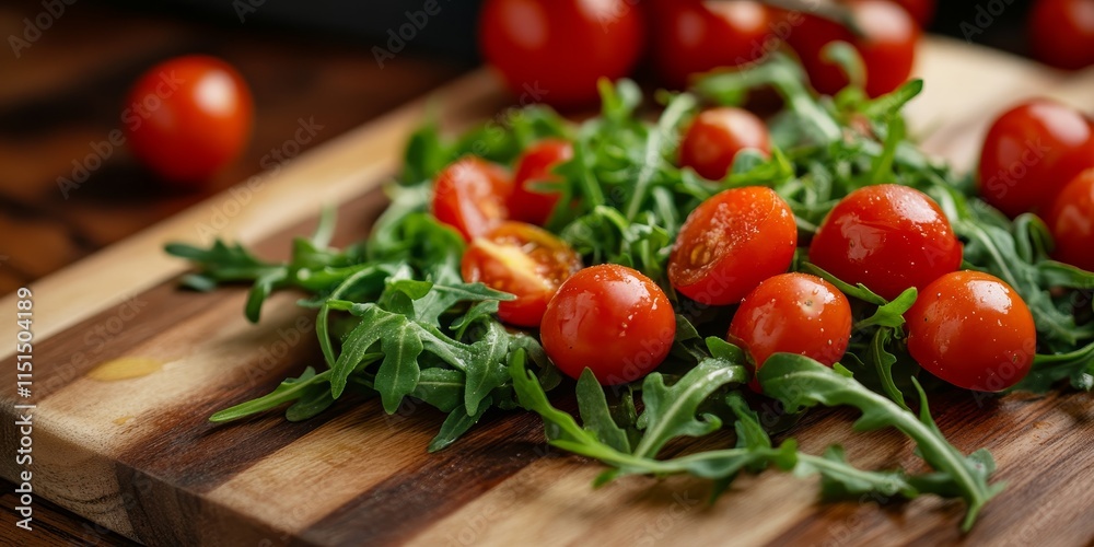 Fresh cherry tomatoes paired with arugula create a vibrant salad on a cutting board, presenting a delicious concept for enjoying healthy cherry tomatoes in your meals. Fresh cherry tomatoes paired with arugula create a vibrant salad on a cutting board, presenting a delicious concept for enjoying healthy cherry tomatoes in your meals.