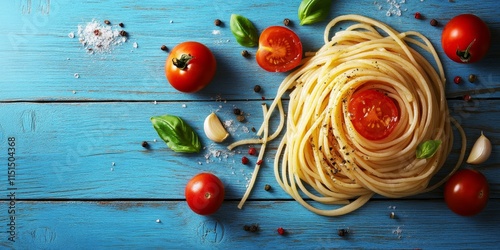 Spaghetti with tomato and garlic beautifully arranged on a blue wooden background, showcasing the delicious combination of spaghetti, tomato, and garlic for a vibrant culinary presentation. photo