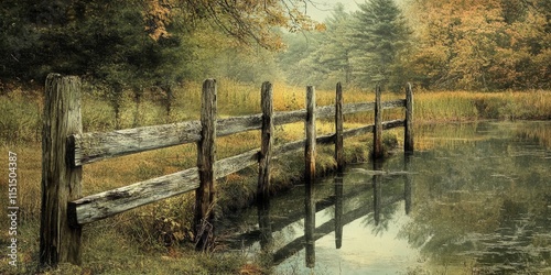 Weathered wooden fence beside tranquil water reflects an old rustic charm, evoking a sense of serenity. This old rustic setting highlights the beauty of nature and rustic architecture.