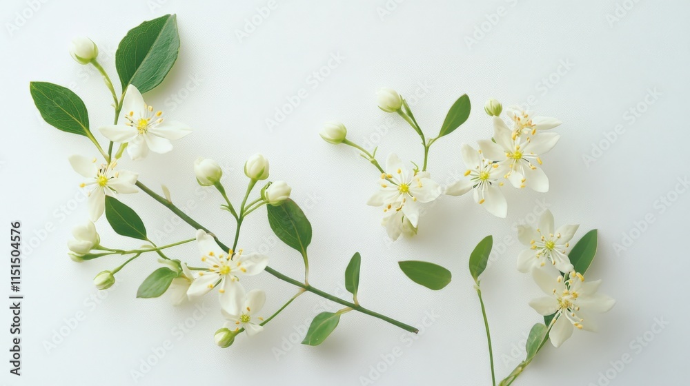 Fototapeta premium white flowers and green leaves on a white background