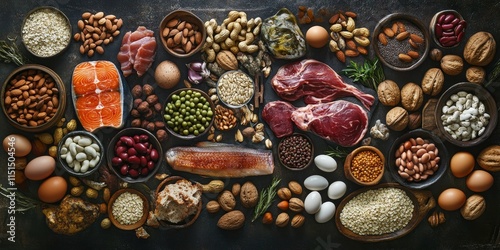 High protein food options for bodybuilders include a variety of sources such as meat, fish, dairy, eggs, buckwheat, oatmeal, nuts, beans, pumpkin seeds, and sunflower seeds--viewed from above.