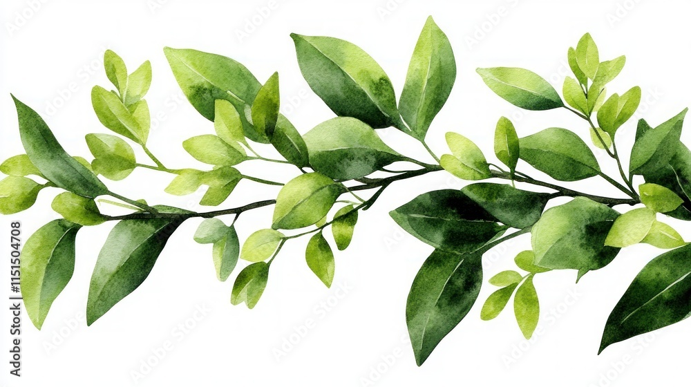 Naklejka premium A lush green leaves branch showcasing vibrant colors, perfect for nature enthusiasts and botanical designs.